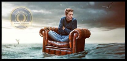 Man sitting in an arm chair that is floating on a stormy sea. A Flourishing Life Society article on categorical thinking