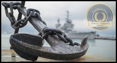 A large anchor on the beach. A navy battle ship in the background. A Flourishing Life Society article on making better choices. 
