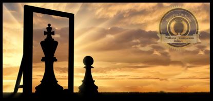 A pawn looking into mirror and seeing a king against sunset sky. A Flourishing Life Society article on the dark triad personalities.