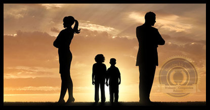 Man and woman silhouettes standing backs to each other in sunset with children in between. Article on abandoning relationships. 