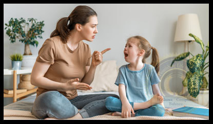A mother yelling at her young daughter, who is crying. A Flourishing Life Society article on Emotional Dysregulation.