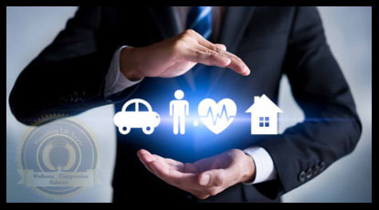 A man in a dark business suit holding holographic images of a car, person, heart and a home. A Flourishing Life Society article on financial stability and wellness