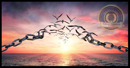 Birds breaking free to fly off into the sunset, illustrating hope theory. A flourishing Life Society Article.