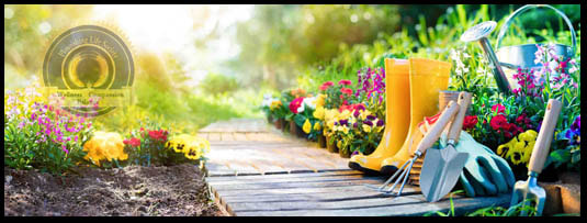 A picture of a flowering garden with gardening tools, symbolizing beauty and work. A Flourishing Life Society article on personal development