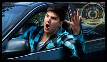 A young man in blue car, with arm out the window gesturing displeasure. A Flourishing Life Society article on narcissism.