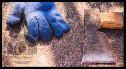 A work glove and an axe lying on the ground. A Flourishing Life Society article on life being hard.