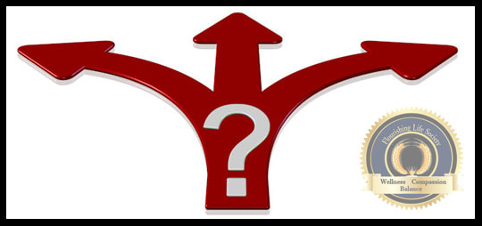 A red arrow pointing in three directions with a white question mark.  A Flourishing Life Society article on Living well.