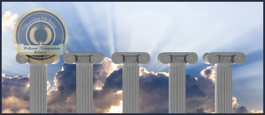 Five majestic pillars against a beautiful sky. A Flourishing Life Society article on essential elements of well-being