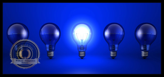 five light bulbs with the center one on. A Flourishing Life Society article on Self enlightenment